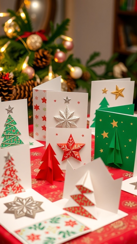 Handmade origami Christmas cards with trees and stars on a festive table.